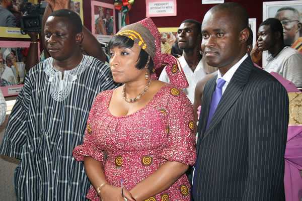 Mrs Zita Okaikoi, Minister of Information (second right), asking a question on some of the exhibited items. Looking on are Mr Alexander Asum-Ahensah (extreme left), Minister of Chieftaincy and Culture and Mr James Agyenim Boateng, (extreme left), Deputy Minister of Information  - James Agyenim Boateng